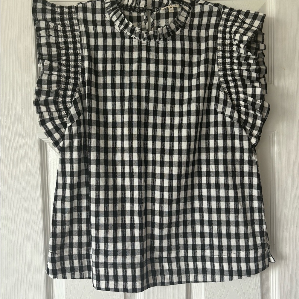 JODIFL Monochrome Gingham Ruffle Sleeve Blouse